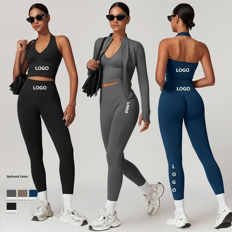 Women Seamless Slim Fit Yoga Set Sports Bra Tank Top Vest High Waist Leggings Biker Shorts Zipper Jacket Coat Fitness Gym Set