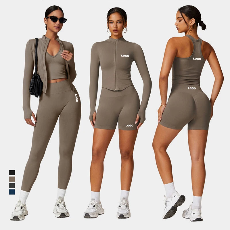 Women Seamless Slim Fit Yoga Set Sports Bra Tank Top Vest High Waist Leggings Biker Shorts Zipper Jacket Coat Fitness Gym Set